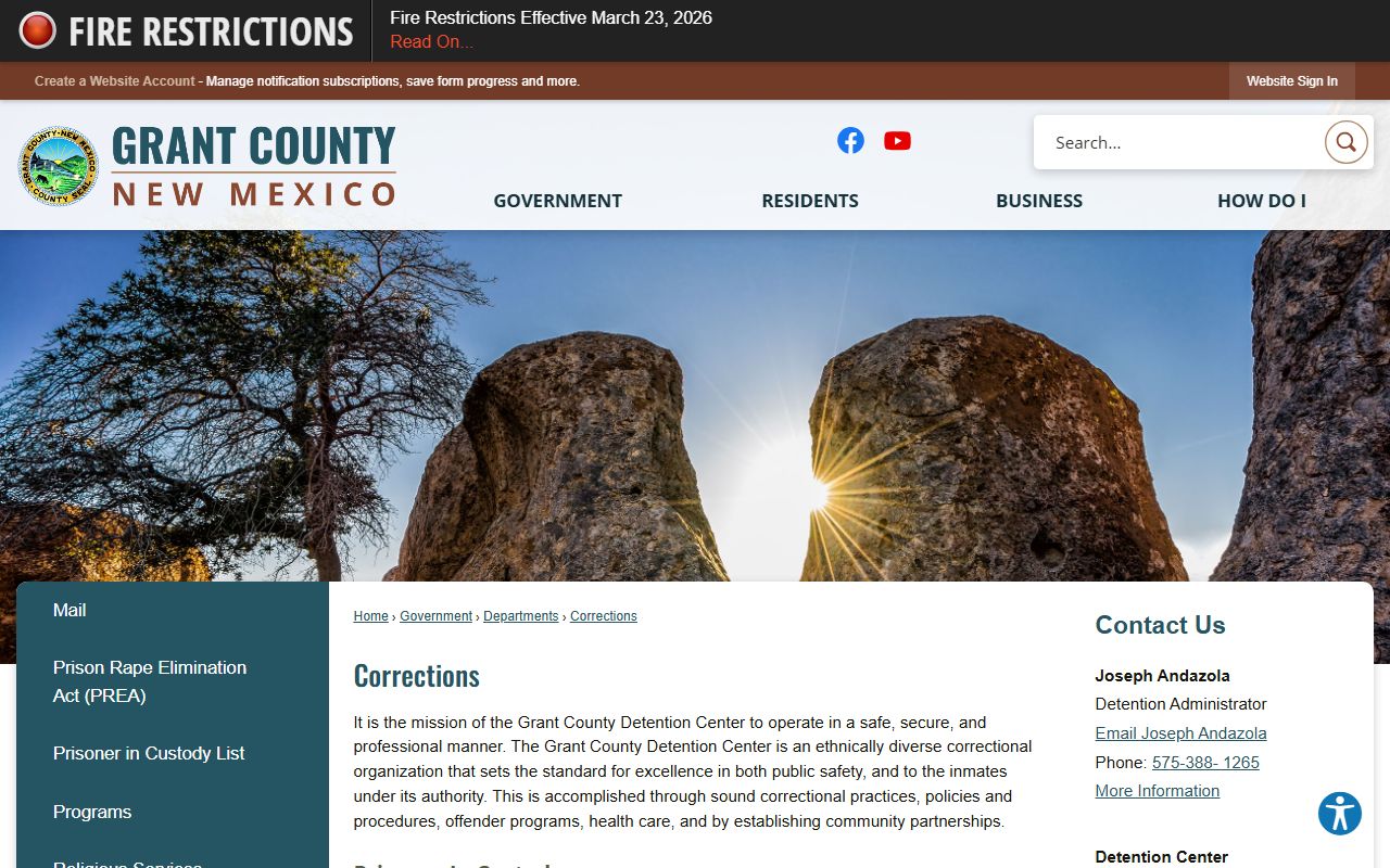 Grant County Corrections page with Detention Center contact and prisoner in custody link