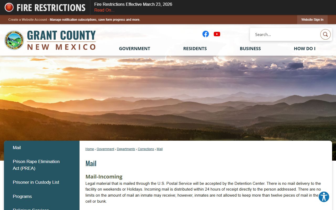 Grant County Detention Center mail rules page for incoming mail, legal mail, and money handling