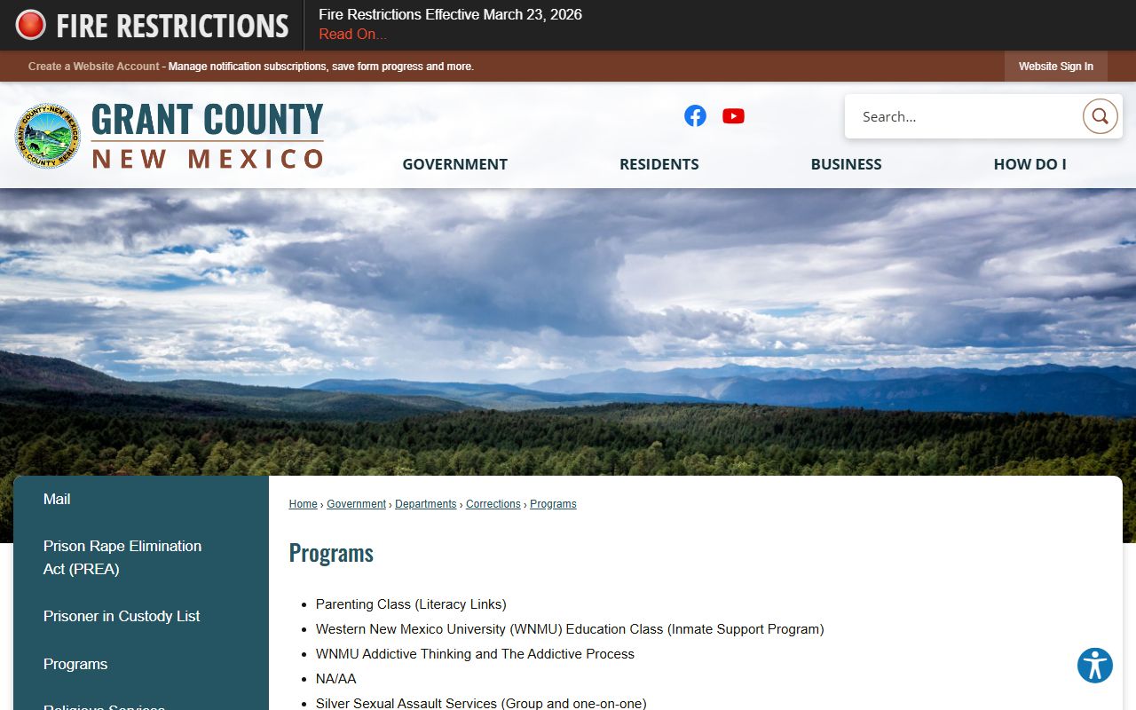 Grant County Detention Center programs list with WNMU, NA AA, parenting, and Literacy Links services