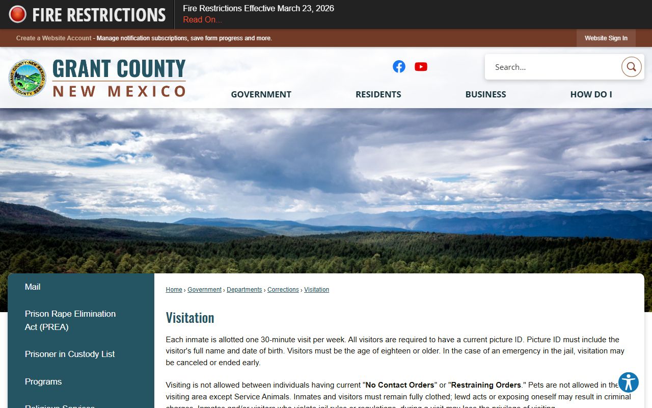 Grant County Detention Center visitation page with male, female, booking, and infirmary schedule