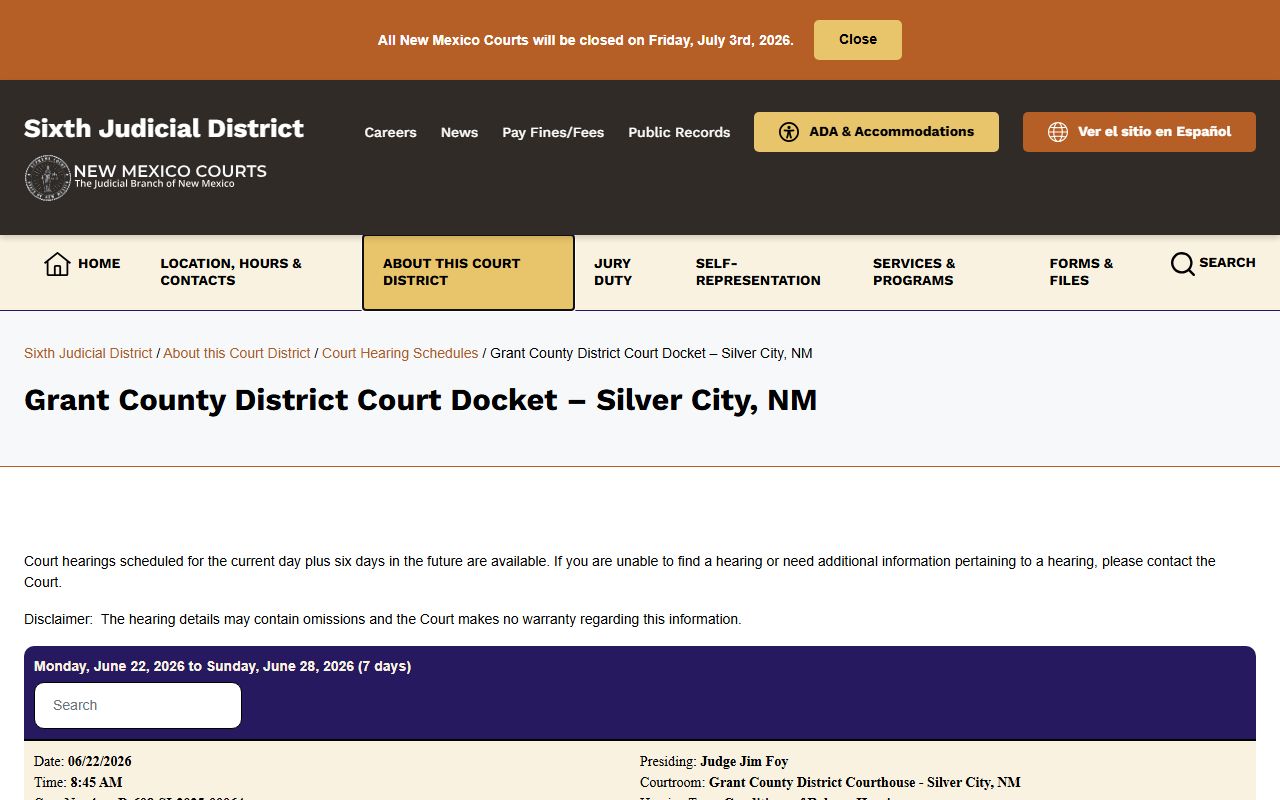 Grant County District Court docket for court records after arrest