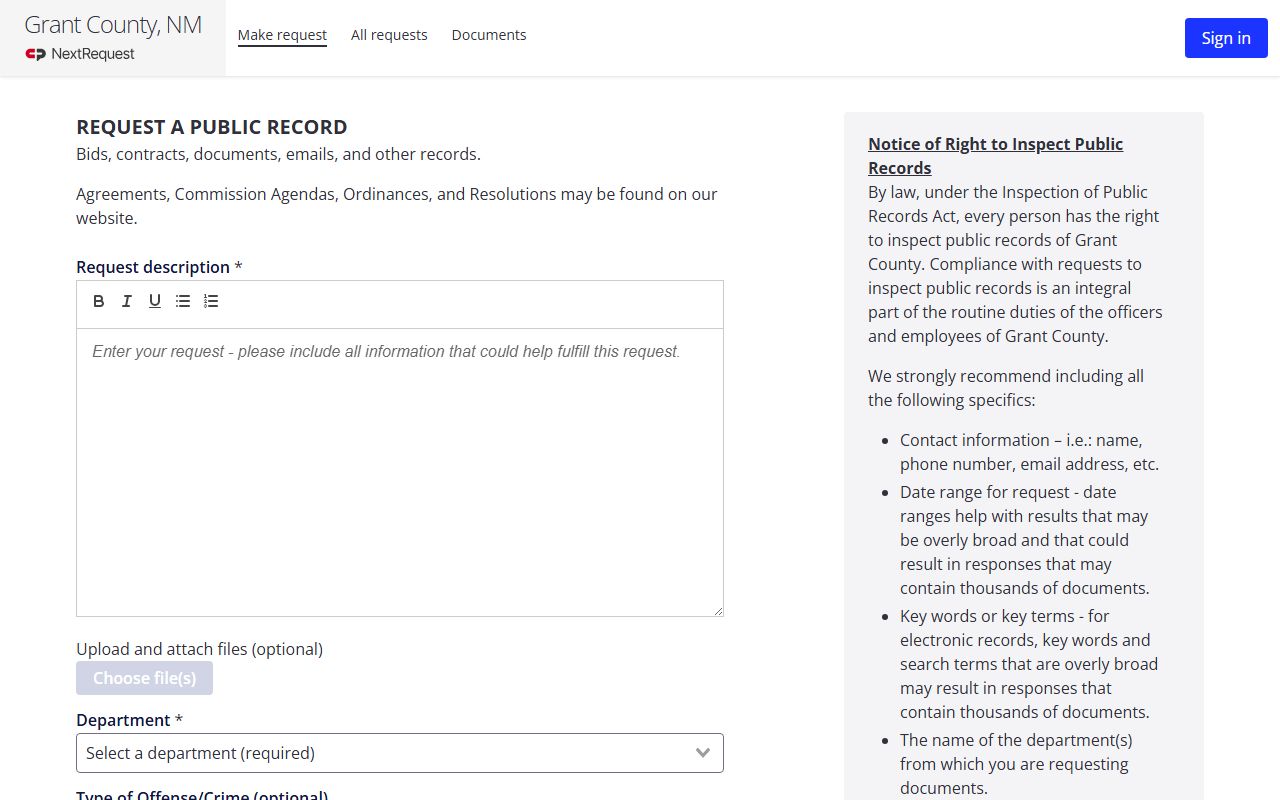 Grant County inmate records NextRequest public records form